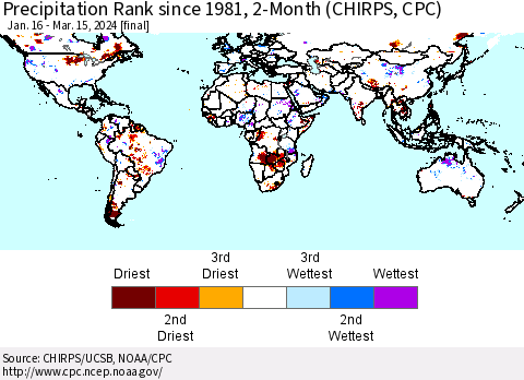 World Precipitation Rank since 1981, 2-Month (CHIRPS) Thematic Map For 1/16/2024 - 3/15/2024