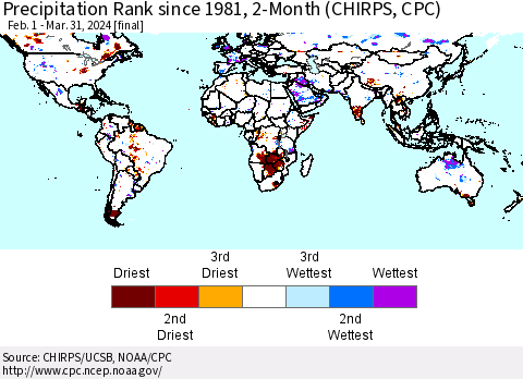 World Precipitation Rank since 1981, 2-Month (CHIRPS) Thematic Map For 2/1/2024 - 3/31/2024