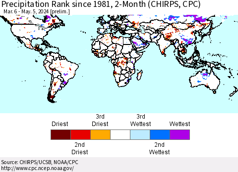 World Precipitation Rank since 1981, 2-Month (CHIRPS) Thematic Map For 3/6/2024 - 5/5/2024