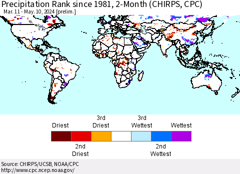 World Precipitation Rank since 1981, 2-Month (CHIRPS) Thematic Map For 3/11/2024 - 5/10/2024