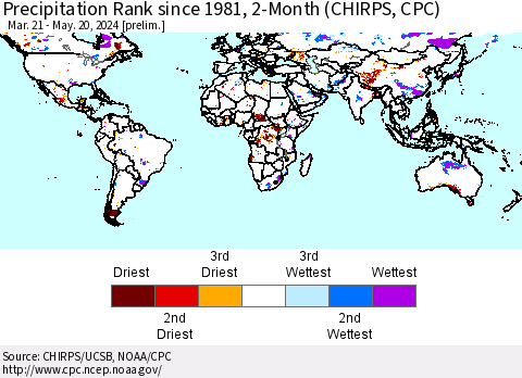 World Precipitation Rank since 1981, 2-Month (CHIRPS) Thematic Map For 3/21/2024 - 5/20/2024