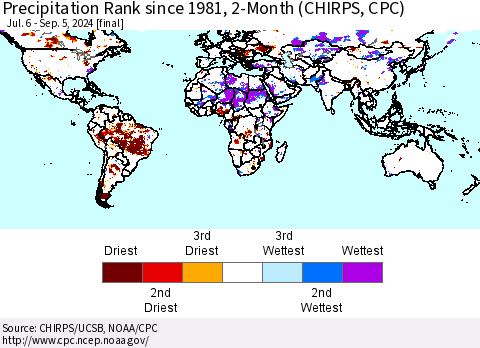 World Precipitation Rank since 1981, 2-Month (CHIRPS) Thematic Map For 7/6/2024 - 9/5/2024