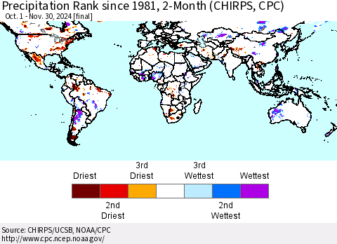 World Precipitation Rank since 1981, 2-Month (CHIRPS) Thematic Map For 10/1/2024 - 11/30/2024
