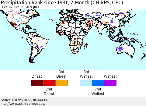 World Precipitation Rank since 1981, 2-Month (CHIRPS) Thematic Map For 10/26/2024 - 12/25/2024