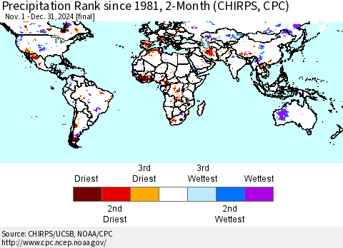 World Precipitation Rank since 1981, 2-Month (CHIRPS) Thematic Map For 11/1/2024 - 12/31/2024