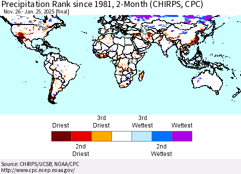 World Precipitation Rank since 1981, 2-Month (CHIRPS) Thematic Map For 11/26/2024 - 1/25/2025