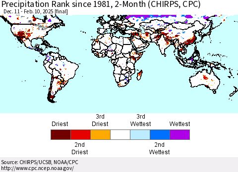 World Precipitation Rank since 1981, 2-Month (CHIRPS) Thematic Map For 12/11/2024 - 2/10/2025