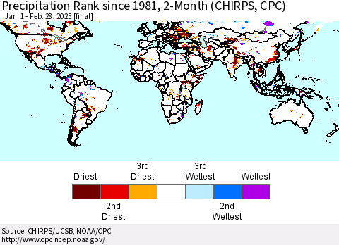 World Precipitation Rank since 1981, 2-Month (CHIRPS) Thematic Map For 1/1/2025 - 2/28/2025