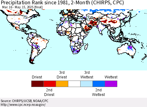 World Precipitation Rank since 1981, 2-Month (CHIRPS) Thematic Map For 3/16/2025 - 5/15/2025
