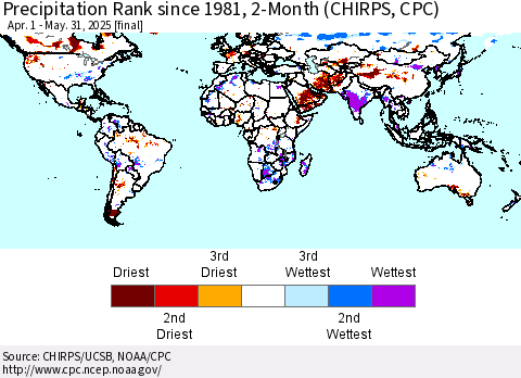World Precipitation Rank since 1981, 2-Month (CHIRPS) Thematic Map For 4/1/2025 - 5/31/2025