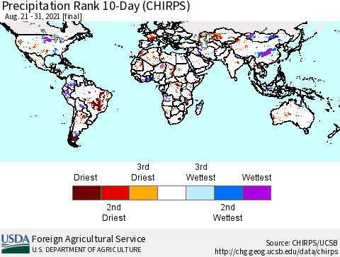 World Precipitation Rank 10-Day (CHIRPS) Thematic Map For 8/21/2021 - 8/31/2021