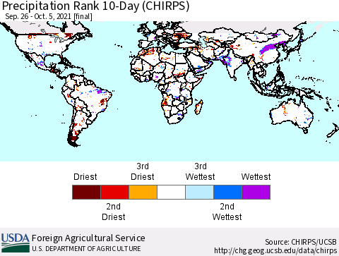 World Precipitation Rank since 1981, 10-Day (CHIRPS) Thematic Map For 9/26/2021 - 10/5/2021