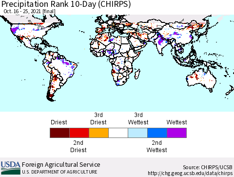 World Precipitation Rank 10-Day (CHIRPS) Thematic Map For 10/16/2021 - 10/25/2021