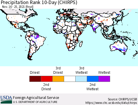 World Precipitation Rank since 1981, 10-Day (CHIRPS) Thematic Map For 11/16/2021 - 11/25/2021