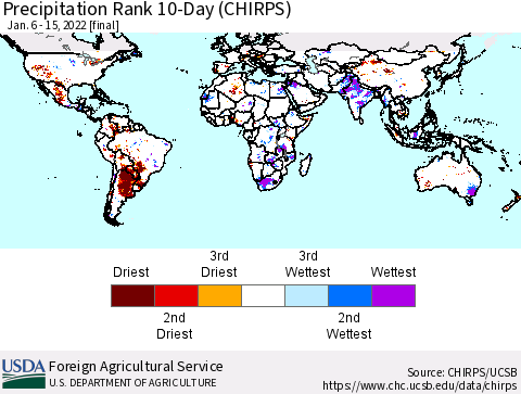 World Precipitation Rank since 1981, 10-Day (CHIRPS) Thematic Map For 1/6/2022 - 1/15/2022
