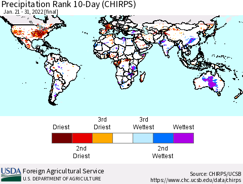 World Precipitation Rank since 1981, 10-Day (CHIRPS) Thematic Map For 1/21/2022 - 1/31/2022