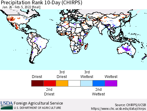 World Precipitation Rank since 1981, 10-Day (CHIRPS) Thematic Map For 1/26/2022 - 2/5/2022