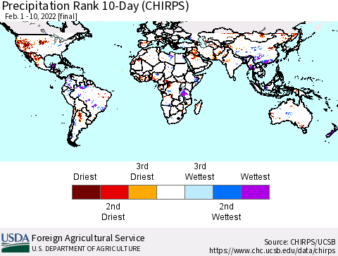 World Precipitation Rank since 1981, 10-Day (CHIRPS) Thematic Map For 2/1/2022 - 2/10/2022