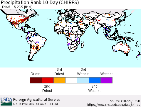 World Precipitation Rank since 1981, 10-Day (CHIRPS) Thematic Map For 2/6/2022 - 2/15/2022