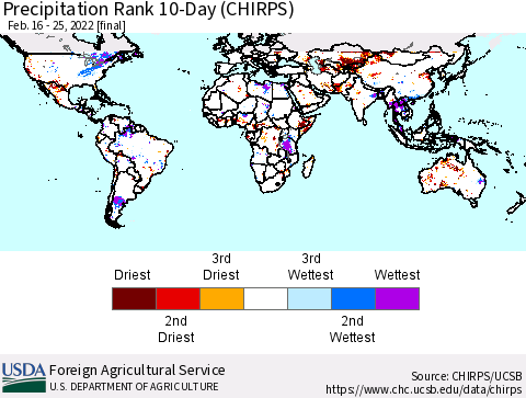 World Precipitation Rank since 1981, 10-Day (CHIRPS) Thematic Map For 2/16/2022 - 2/25/2022