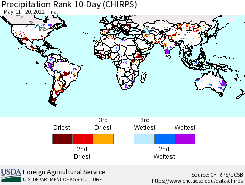 World Precipitation Rank since 1981, 10-Day (CHIRPS) Thematic Map For 5/11/2022 - 5/20/2022