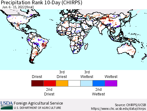 World Precipitation Rank since 1981, 10-Day (CHIRPS) Thematic Map For 6/6/2022 - 6/15/2022