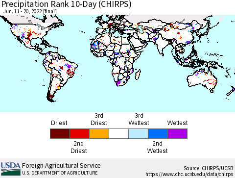 World Precipitation Rank since 1981, 10-Day (CHIRPS) Thematic Map For 6/11/2022 - 6/20/2022