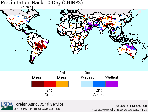 World Precipitation Rank since 1981, 10-Day (CHIRPS) Thematic Map For 7/1/2022 - 7/10/2022