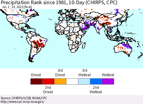 World Precipitation Rank since 1981, 10-Day (CHIRPS) Thematic Map For 7/1/2022 - 7/10/2022