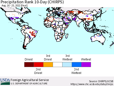 World Precipitation Rank since 1981, 10-Day (CHIRPS) Thematic Map For 8/16/2022 - 8/25/2022