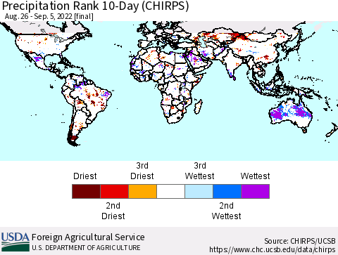 World Precipitation Rank since 1981, 10-Day (CHIRPS) Thematic Map For 8/26/2022 - 9/5/2022