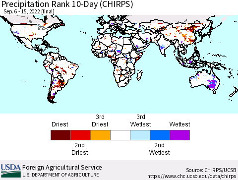 World Precipitation Rank since 1981, 10-Day (CHIRPS) Thematic Map For 9/6/2022 - 9/15/2022