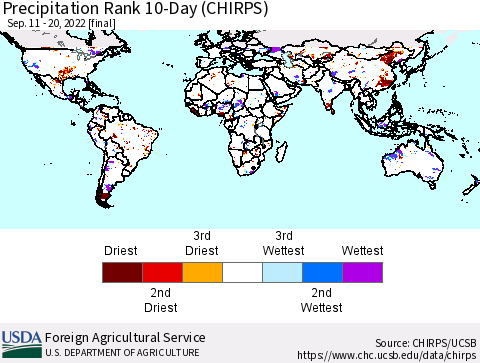 World Precipitation Rank since 1981, 10-Day (CHIRPS) Thematic Map For 9/11/2022 - 9/20/2022