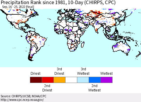 World Precipitation Rank since 1981, 10-Day (CHIRPS) Thematic Map For 9/16/2022 - 9/25/2022