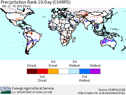 World Precipitation Rank since 1981, 10-Day (CHIRPS) Thematic Map For 9/21/2022 - 9/30/2022