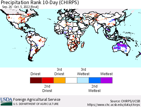 World Precipitation Rank since 1981, 10-Day (CHIRPS) Thematic Map For 9/26/2022 - 10/5/2022