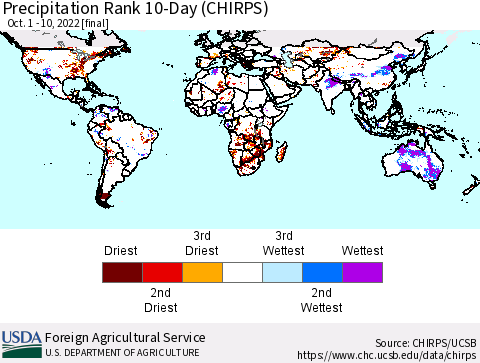World Precipitation Rank since 1981, 10-Day (CHIRPS) Thematic Map For 10/1/2022 - 10/10/2022