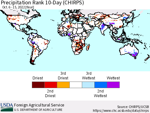 World Precipitation Rank since 1981, 10-Day (CHIRPS) Thematic Map For 10/6/2022 - 10/15/2022