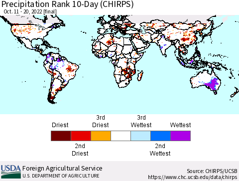 World Precipitation Rank since 1981, 10-Day (CHIRPS) Thematic Map For 10/11/2022 - 10/20/2022