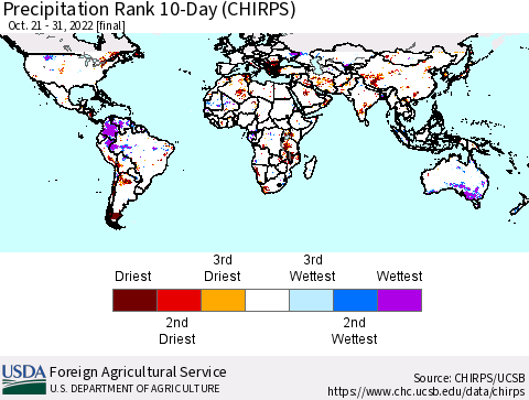 World Precipitation Rank since 1981, 10-Day (CHIRPS) Thematic Map For 10/21/2022 - 10/31/2022