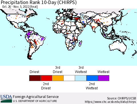 World Precipitation Rank since 1981, 10-Day (CHIRPS) Thematic Map For 10/26/2022 - 11/5/2022
