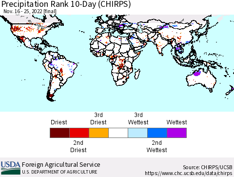 World Precipitation Rank since 1981, 10-Day (CHIRPS) Thematic Map For 11/16/2022 - 11/25/2022