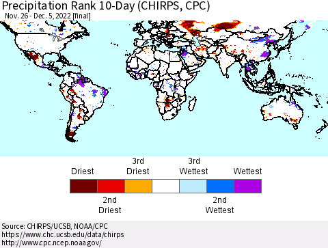 World Precipitation Rank since 1981, 10-Day (CHIRPS) Thematic Map For 11/26/2022 - 12/5/2022