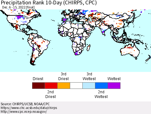 World Precipitation Rank since 1981, 10-Day (CHIRPS) Thematic Map For 12/6/2022 - 12/15/2022
