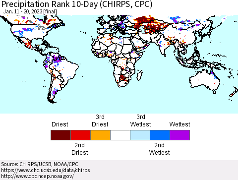 World Precipitation Rank since 1981, 10-Day (CHIRPS) Thematic Map For 1/11/2023 - 1/20/2023