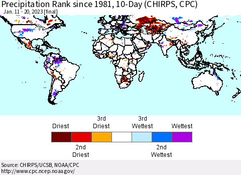 World Precipitation Rank since 1981, 10-Day (CHIRPS) Thematic Map For 1/11/2023 - 1/20/2023