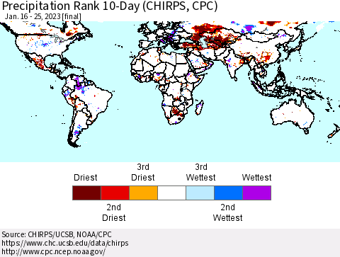 World Precipitation Rank since 1981, 10-Day (CHIRPS) Thematic Map For 1/16/2023 - 1/25/2023