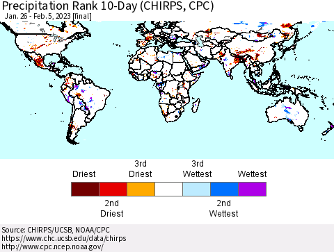 World Precipitation Rank since 1981, 10-Day (CHIRPS) Thematic Map For 1/26/2023 - 2/5/2023