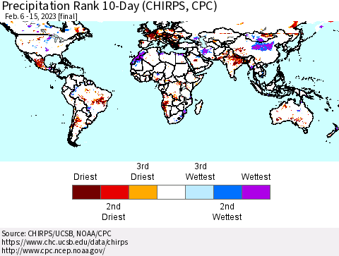 World Precipitation Rank since 1981, 10-Day (CHIRPS) Thematic Map For 2/6/2023 - 2/15/2023