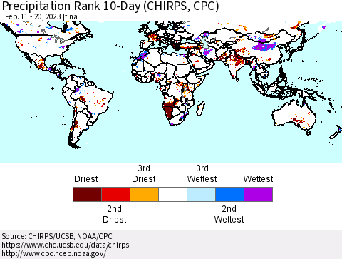 World Precipitation Rank since 1981, 10-Day (CHIRPS) Thematic Map For 2/11/2023 - 2/20/2023
